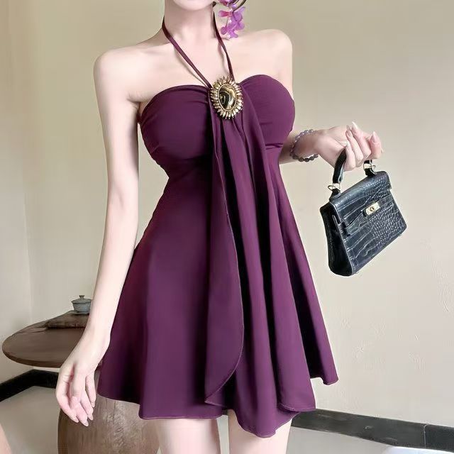 Purple Off-Shoulder Halter Tube Top Dress Women