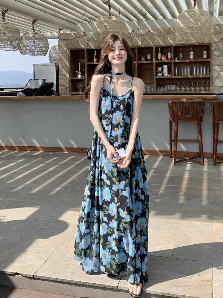 Blue Floral Strap Maxi Dress for Women Summer 2026