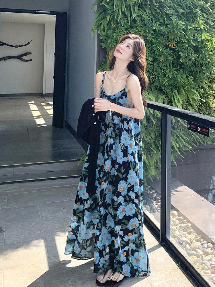 Blue Floral Strap Maxi Dress for Women Summer 2026