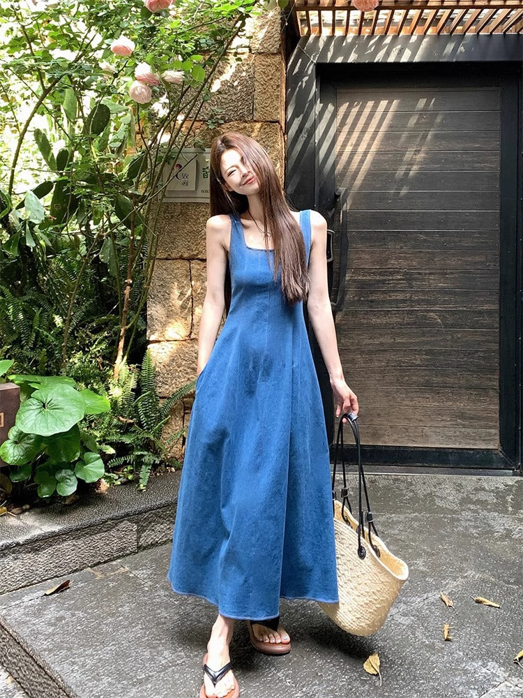 Blue Denim Strap Slim Dress for Women Summer