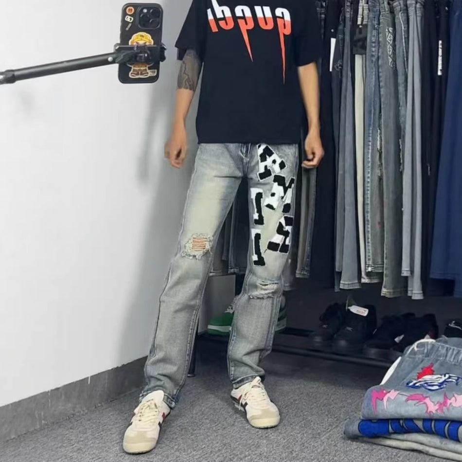Men’s Ripped Patch Embroidered Slim Jeans