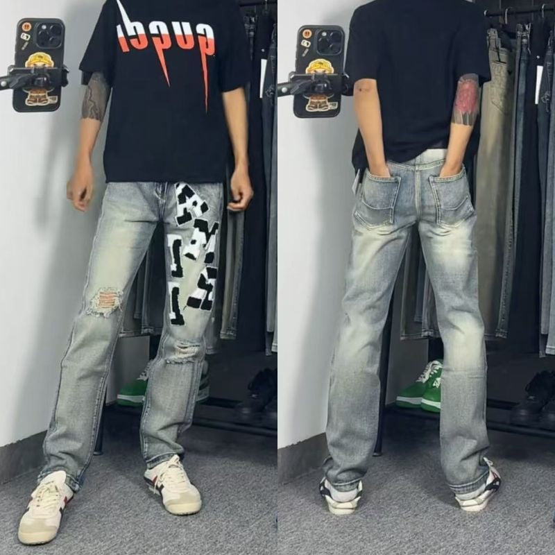 Men’s Ripped Patch Embroidered Slim Jeans