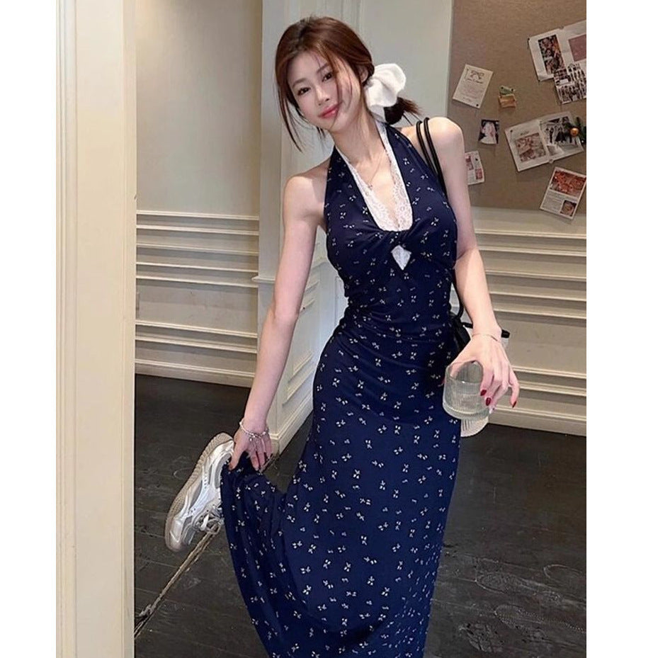 Twisted Lace Halter Floral Beach Dress Women Summer