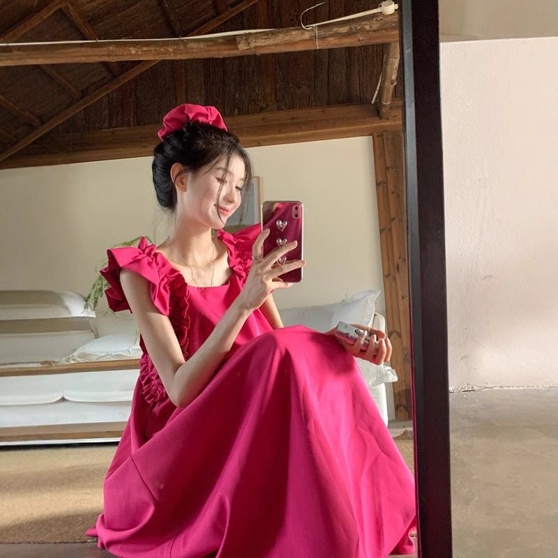 Rose Red Square Collar French Long Dress Women Summer