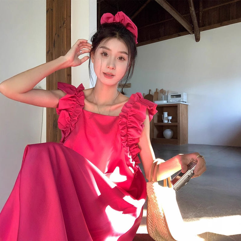 Rose Red Square Collar French Long Dress Women Summer