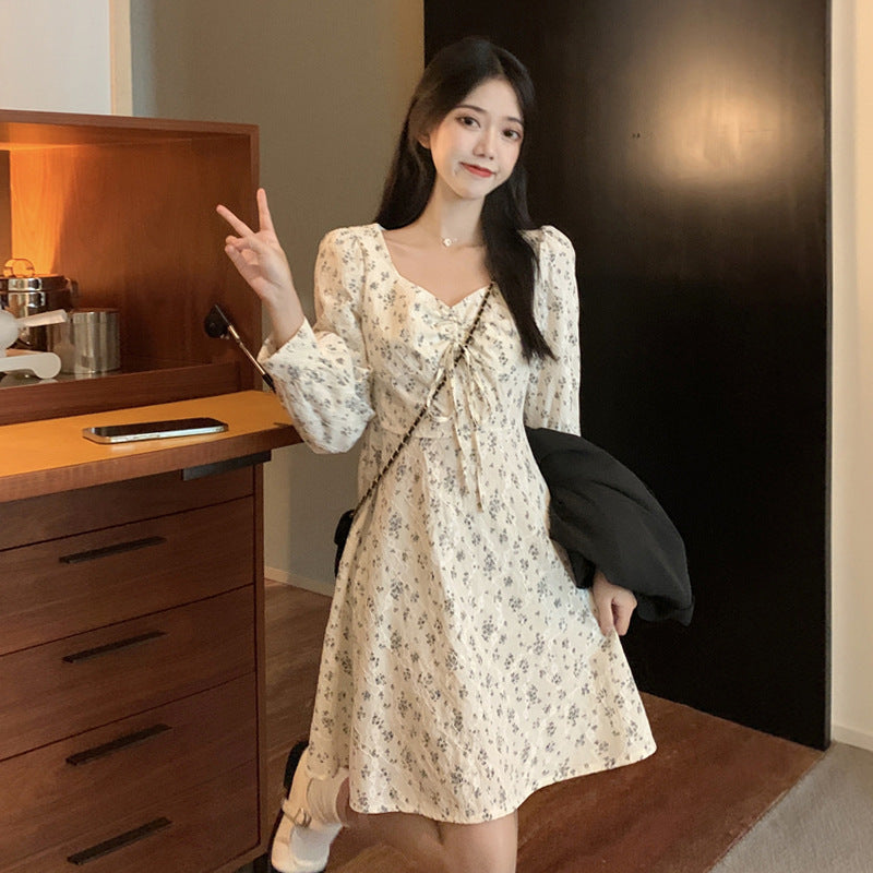 Floral French Long Sleeve Short Dress for Women