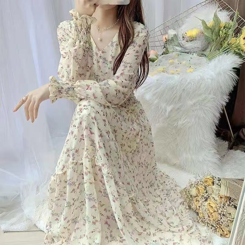 Floral Chiffon V-Neck Long Sleeve Dress Women