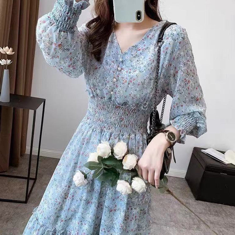 Floral Chiffon V-Neck Long Sleeve Dress Women
