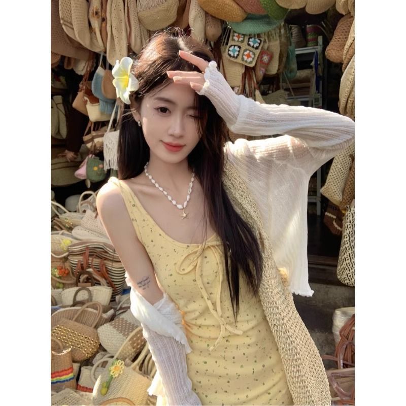 Yellow Floral Suspender A-Line Dress Women Summer