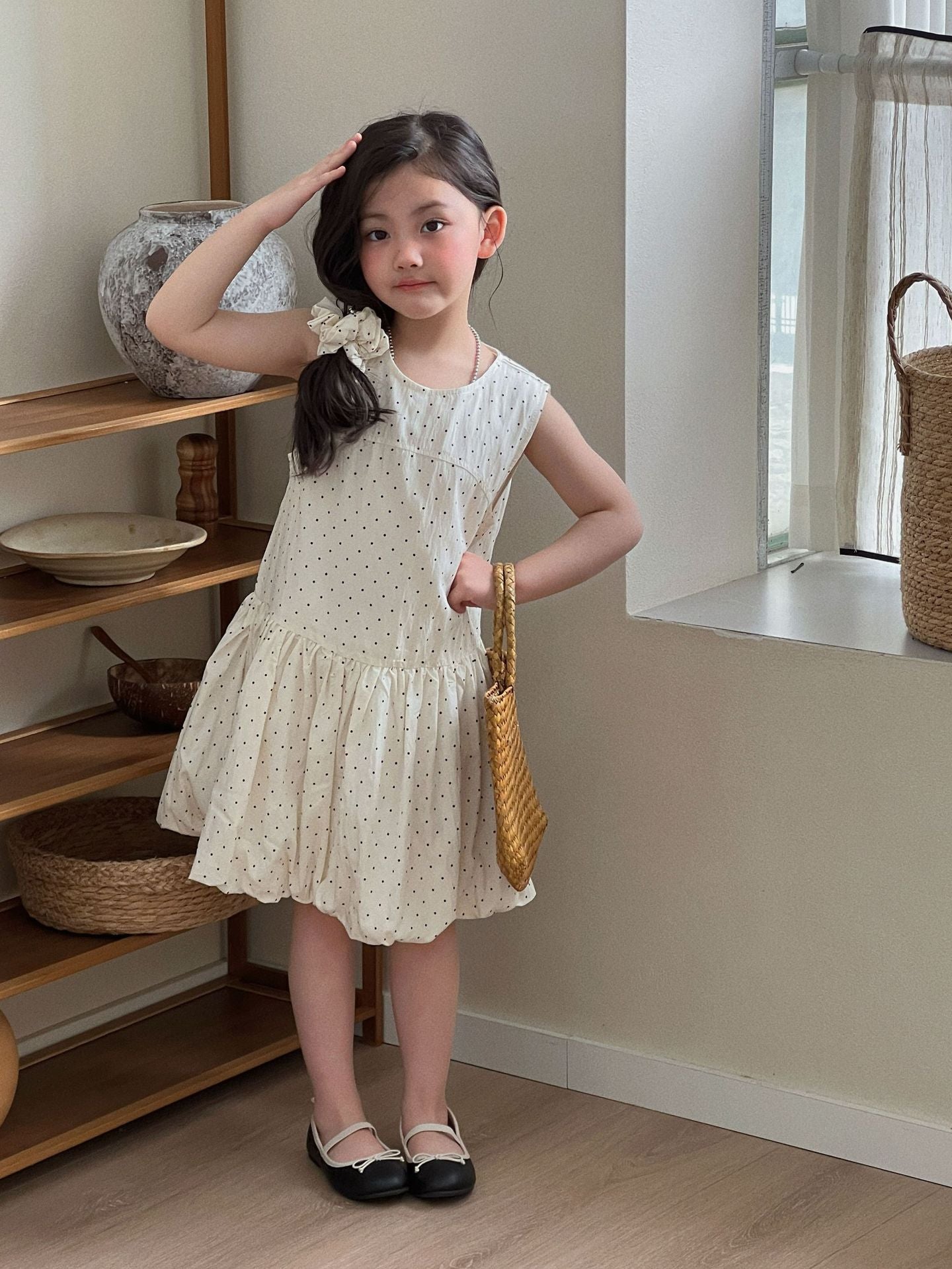 Girls Mori Polka Dot Strap A-Line Dress 2026 Summer – Summer Kids Fashion Nepal | Tudoholic