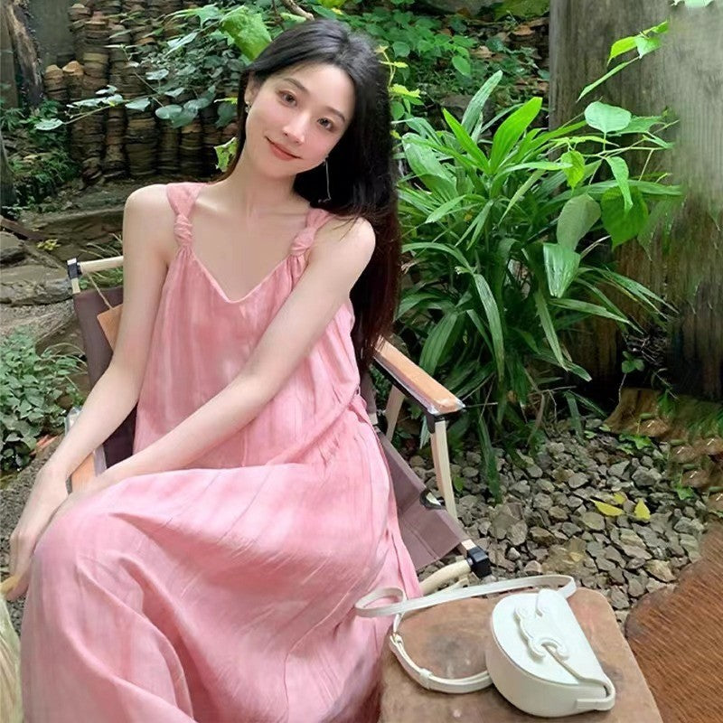 Pink Halter Lace-Up French Long Dress Women Summer