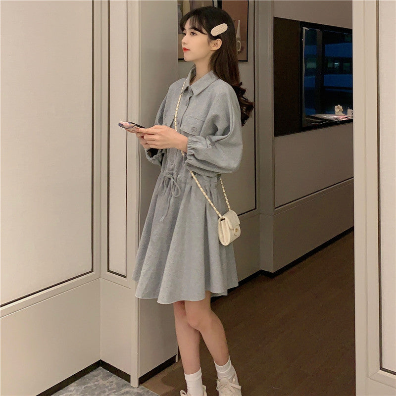Korean Polo Collar A-Line Dress Women Autumn 2024