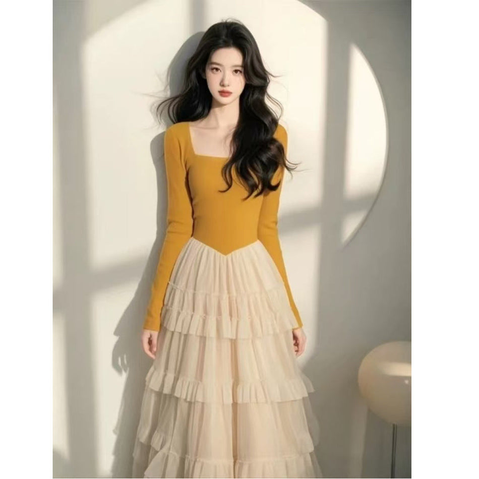 Square Neck Mesh Cake Skirt Dress Women Autumn