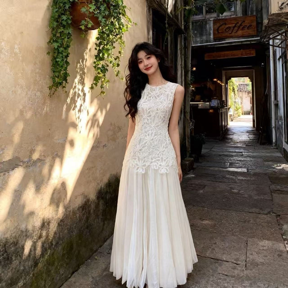 Apricot Lace Sleeveless Slim Dress Women 2026 Summer