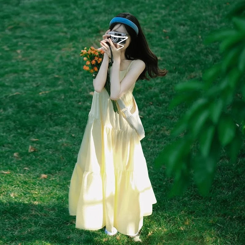 Yellow Suspender Fairy Maxi Dress Women Summer