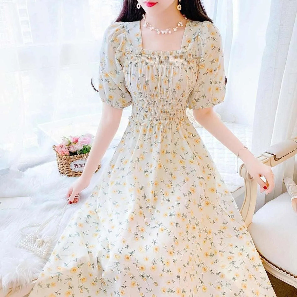 Plus Size Floral Chiffon Square Collar Dress Women