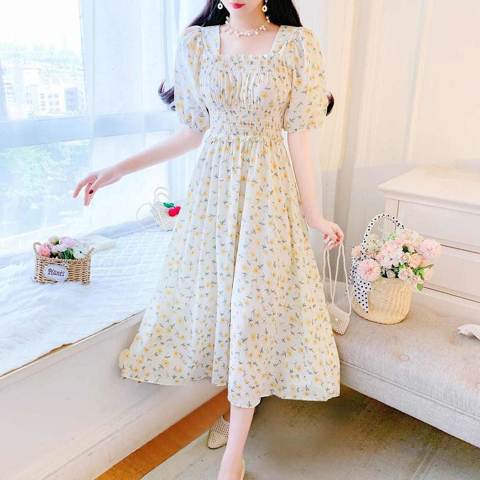 Plus Size Floral Chiffon Square Collar Dress Women