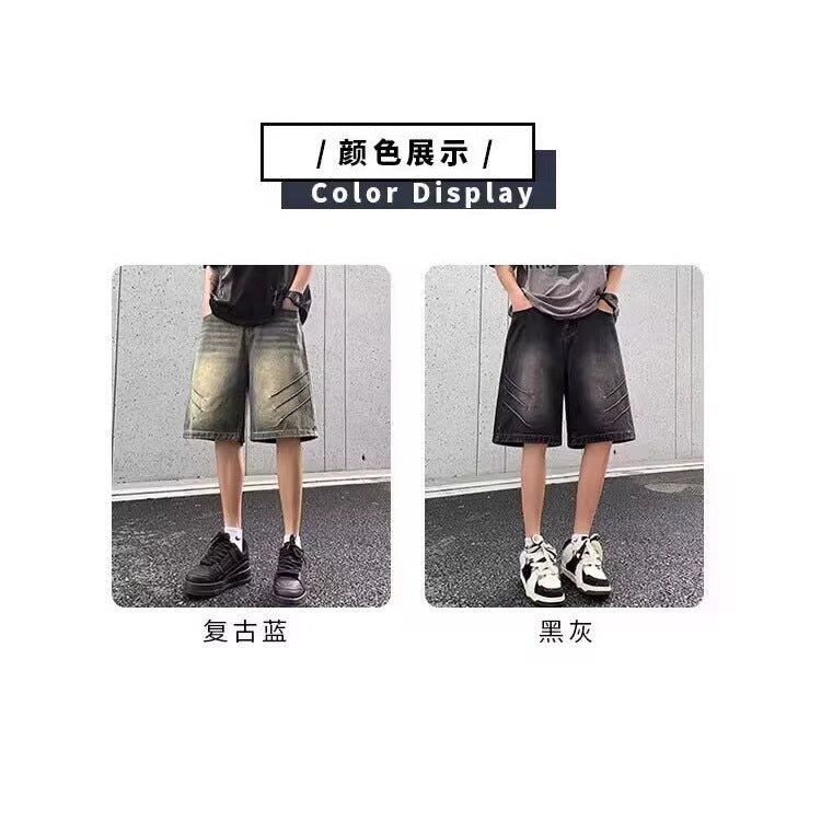 Men’s American Retro Wide-Leg Denim Shorts