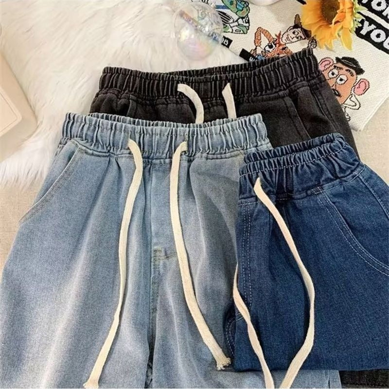 Unisex Drawstring Loose Wide-Leg Denim Shorts