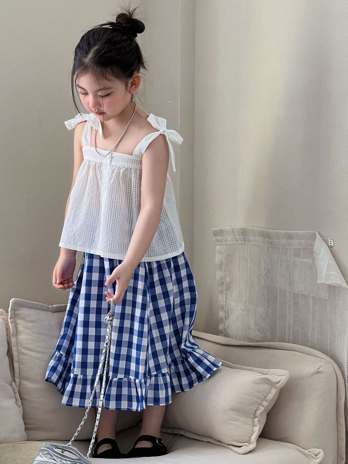 Girls Mori Style Blue Plaid Vest Set 2026 Summer – Summer Kids Fashion Nepal | Tudoholic