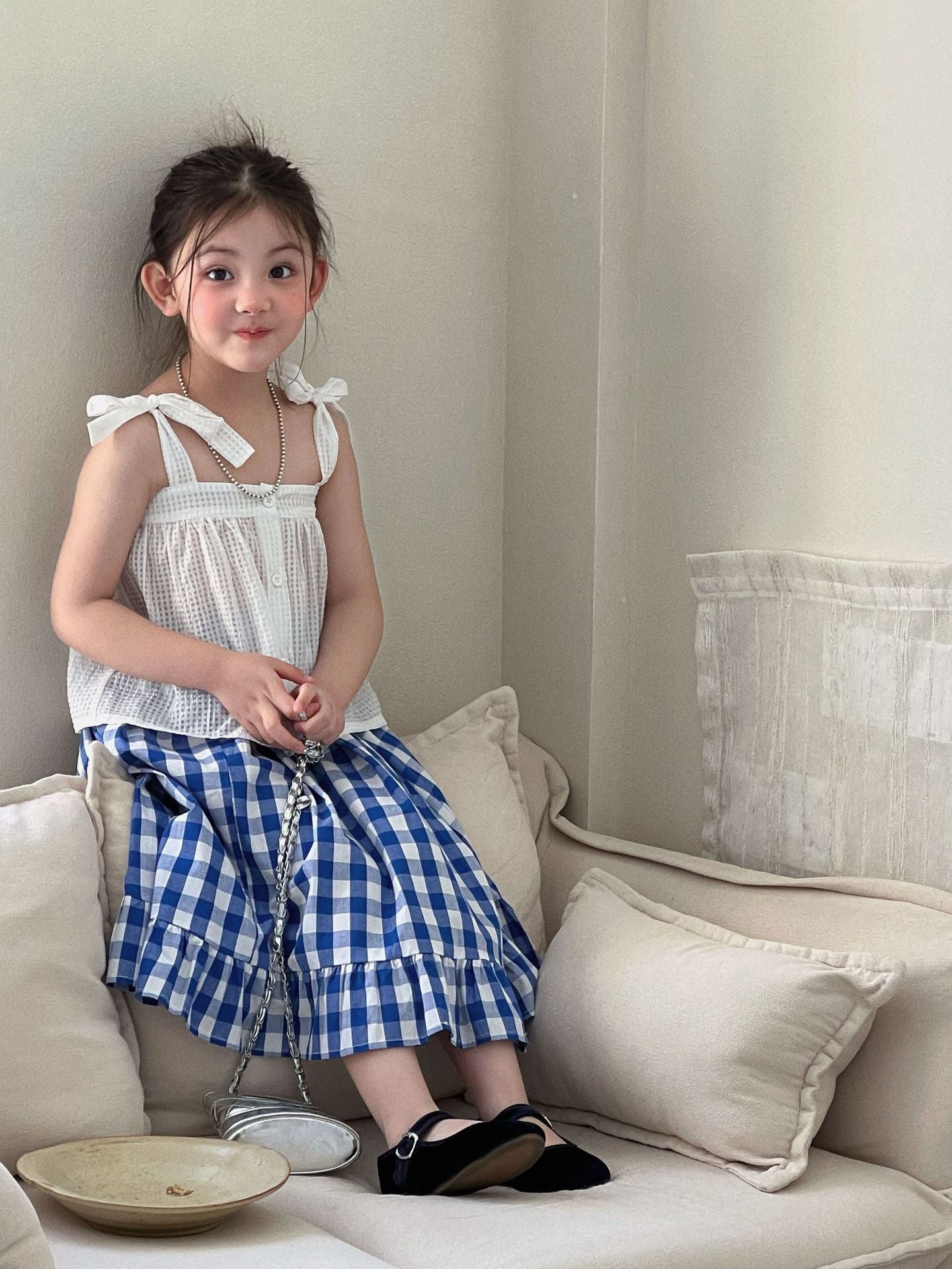 Girls Mori Style Blue Plaid Vest Set 2026 Summer – Summer Kids Fashion Nepal | Tudoholic