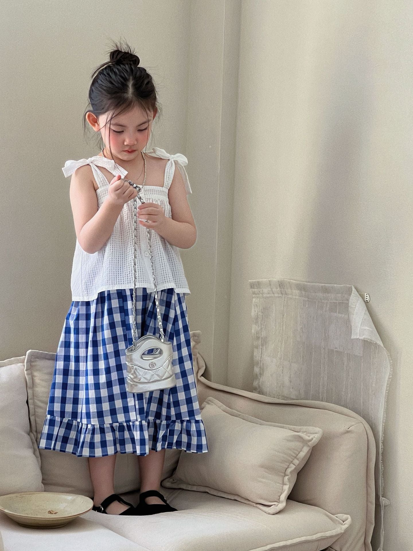 Girls Mori Style Blue Plaid Vest Set 2026 Summer – Summer Kids Fashion Nepal | Tudoholic
