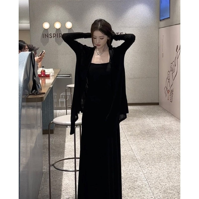 French Ice Silk Cape Skirt Set Elegant Autumn Outfit