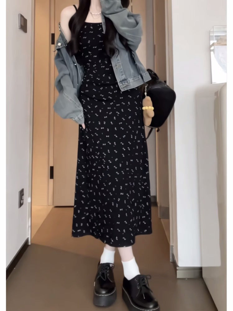 Black Floral Suspender Long Dress Summer Elegant Women