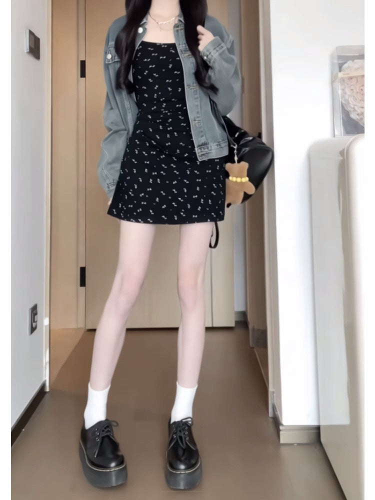 Black Floral Suspender Long Dress Summer Elegant Women