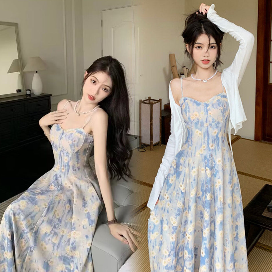 French Blue Floral Sling Midi Dress Elegant Summer Women