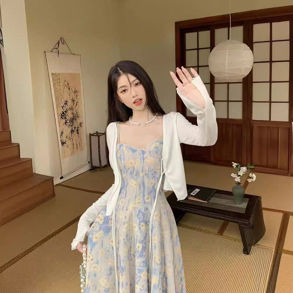 French Blue Floral Sling Midi Dress Elegant Summer Women