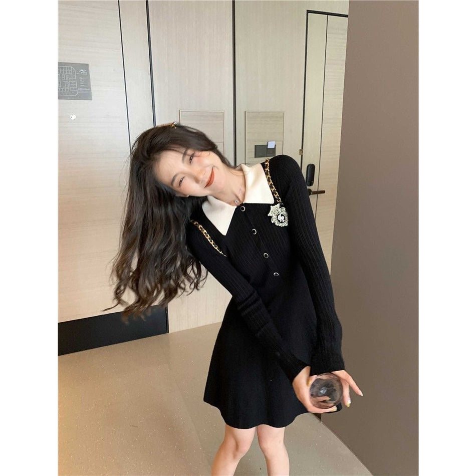 Black Knitted Slim Dress Autumn Elegant Women Outfit
