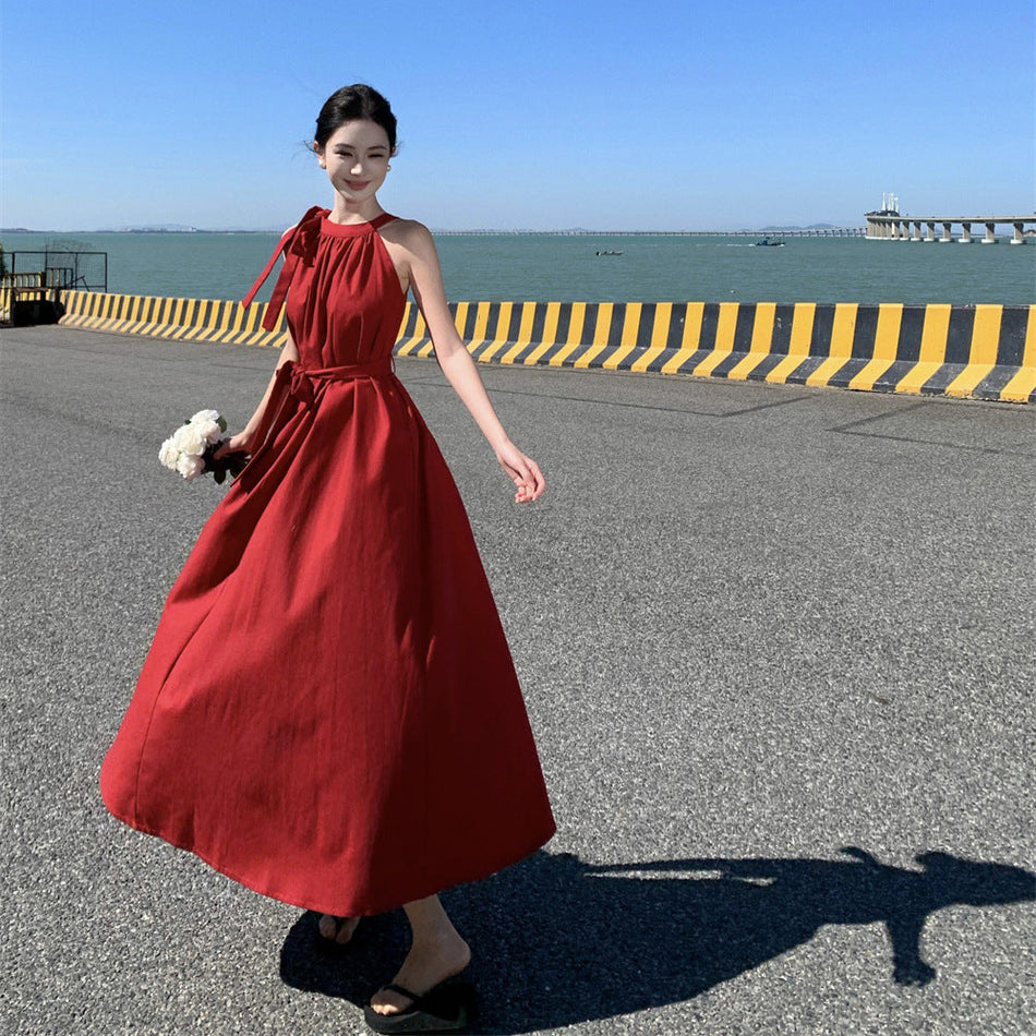 French Red Sling Summer Seaside Long Dress Women Elegant