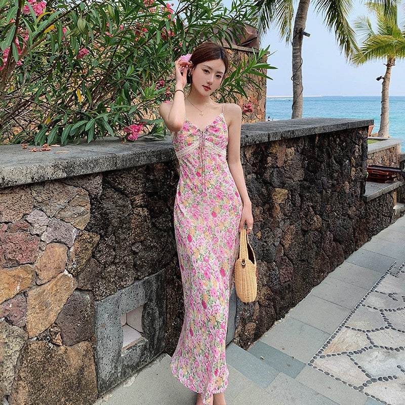 Floral Lace Strap Beach Dress Elegant Summer Women