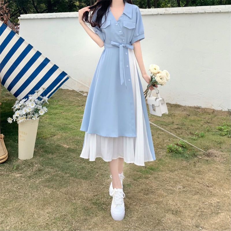 French V-Neck Shirt Dress Elegant Two-Piece Summer Women