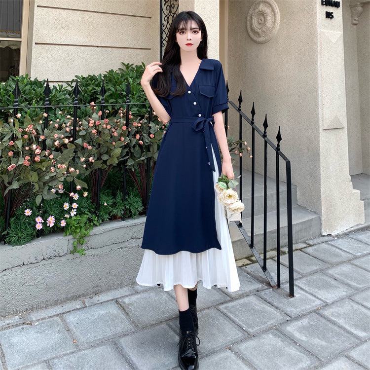 French V-Neck Shirt Dress Elegant Two-Piece Summer Women