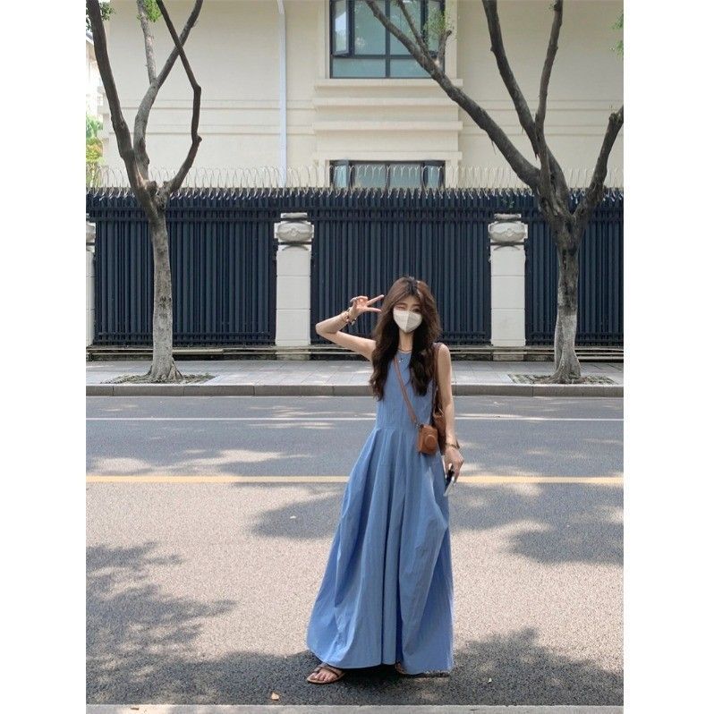 French Blue Vest A-Line Dress Elegant Summer Women