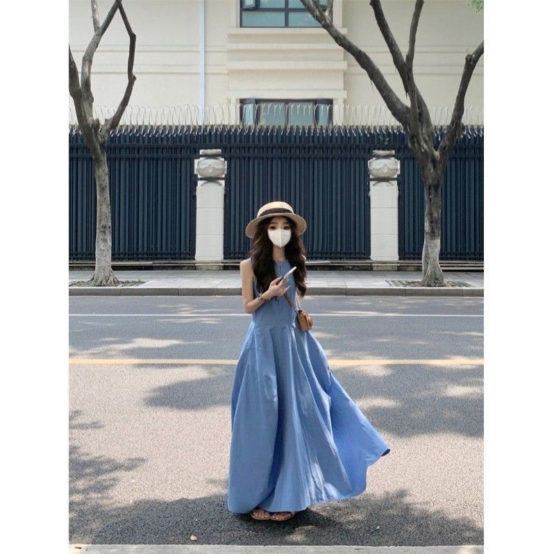 French Blue Vest A-Line Dress Elegant Summer Women