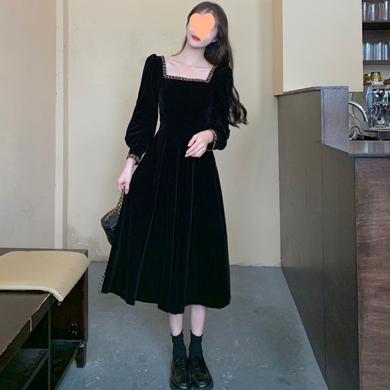 French Velvet Square Collar A-Line Dress Elegant Women