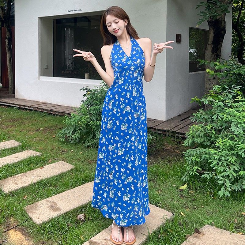 French Blue Halter Floral Dress Elegant Summer Women