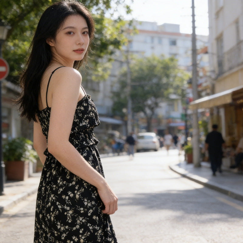 Floral Tube Top Black Long Dress Elegant Spring Women