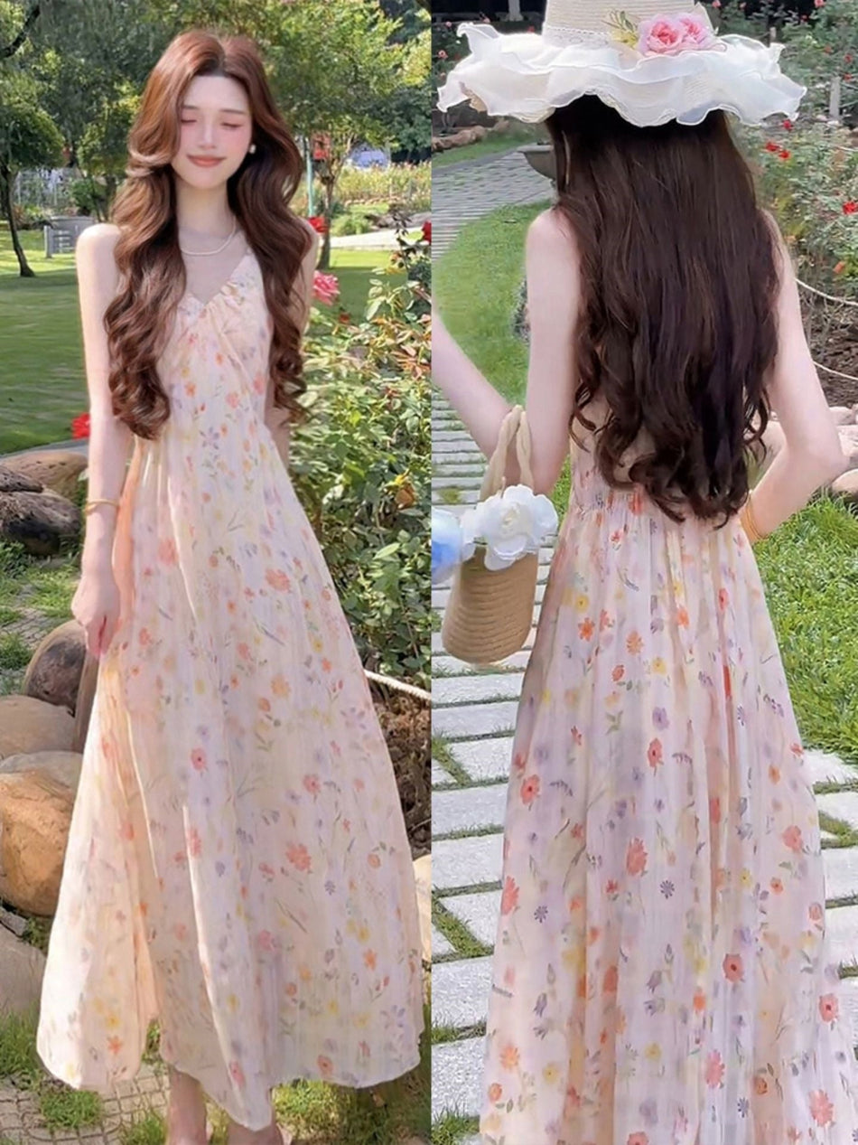 French Floral Strap Long Dress Elegant Summer Women 2026