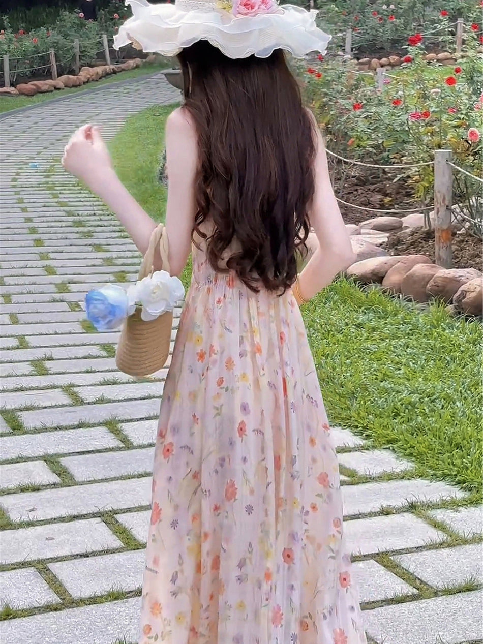 French Floral Strap Long Dress Elegant Summer Women 2026
