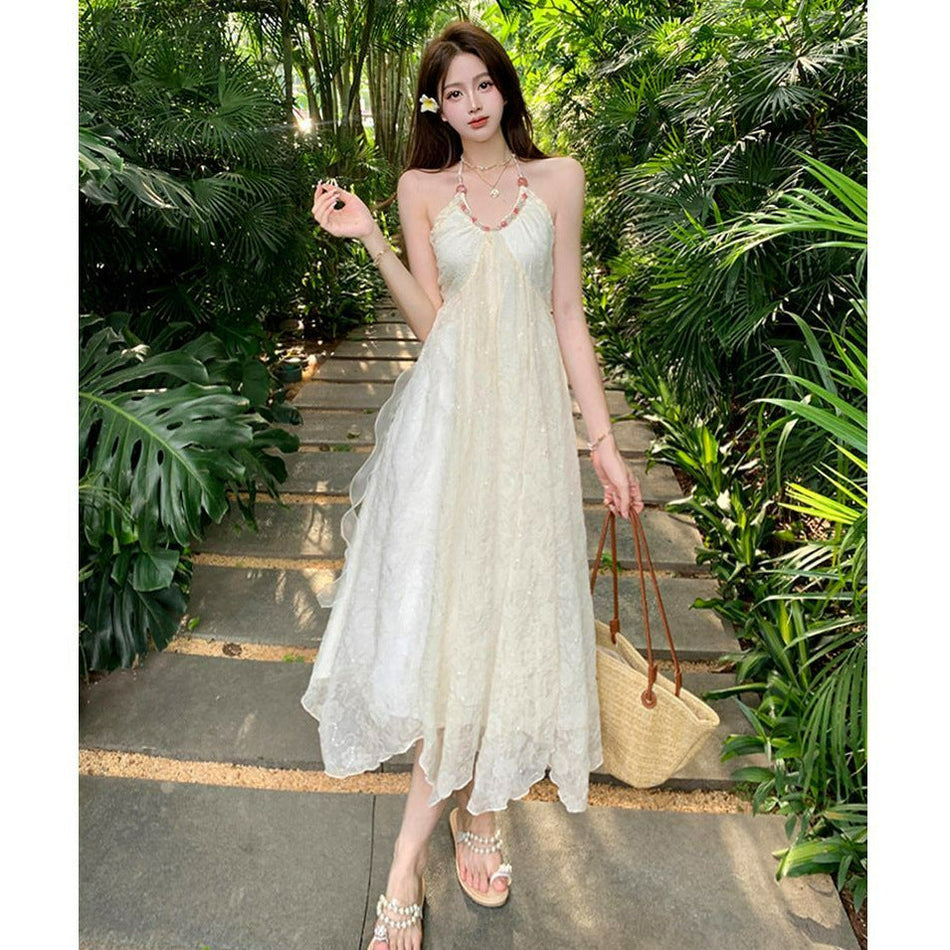 White Halter Chiffon Backless Dress Elegant Summer Women