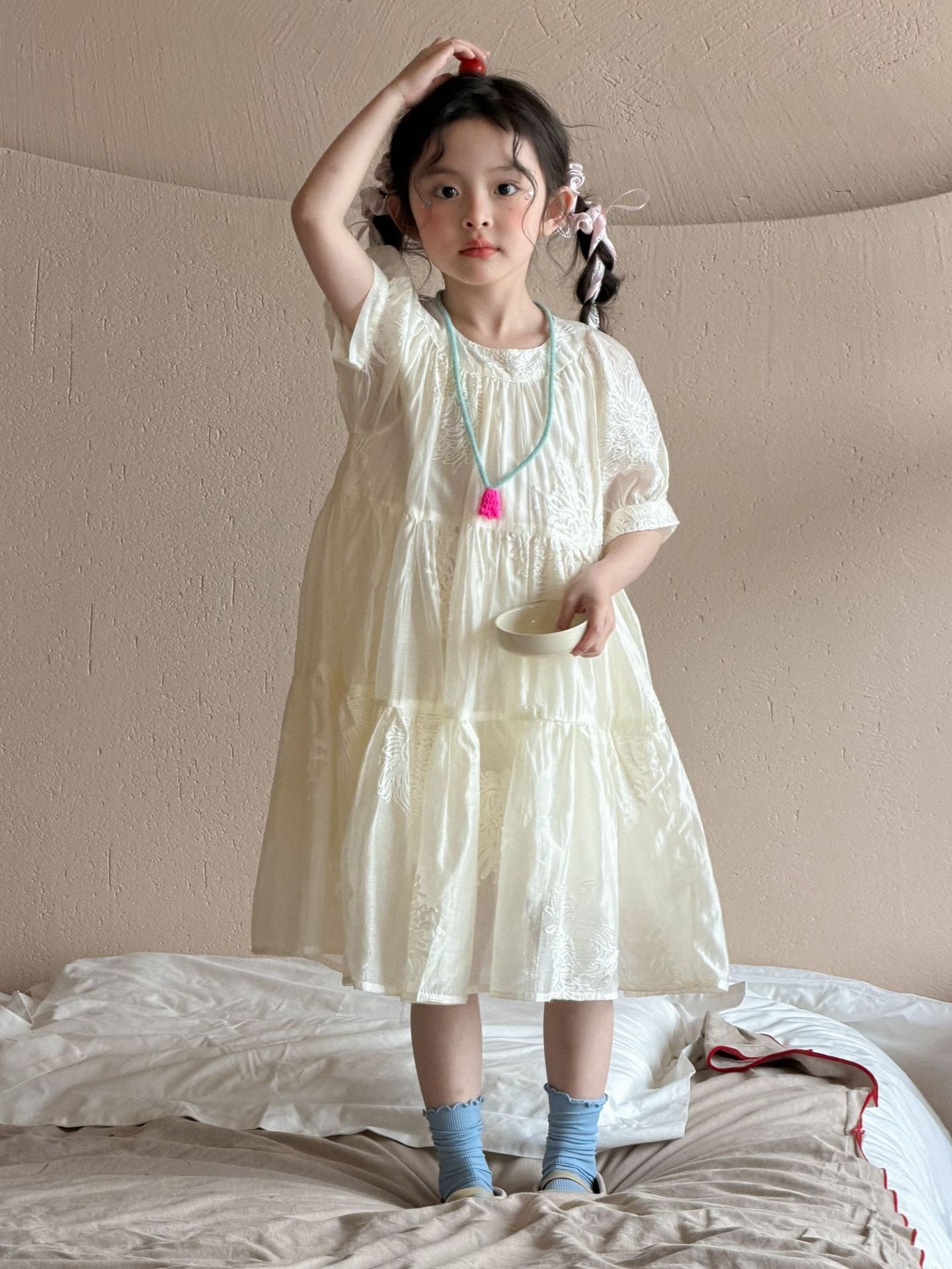 Girls 2026 Korean Lace Puff Sleeve Princess Dress – Kids Fashion Nepal | Tudoholic