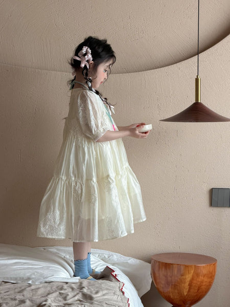 Girls 2026 Korean Lace Puff Sleeve Princess Dress – Kids Fashion Nepal | Tudoholic