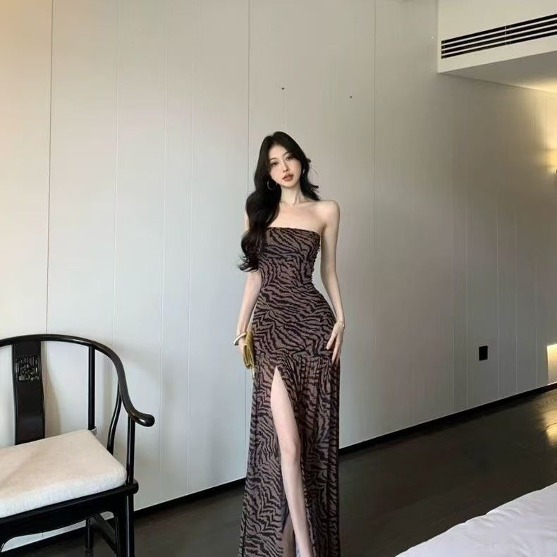 Leopard Tube Top Split Dress Sexy Summer Women Outfit