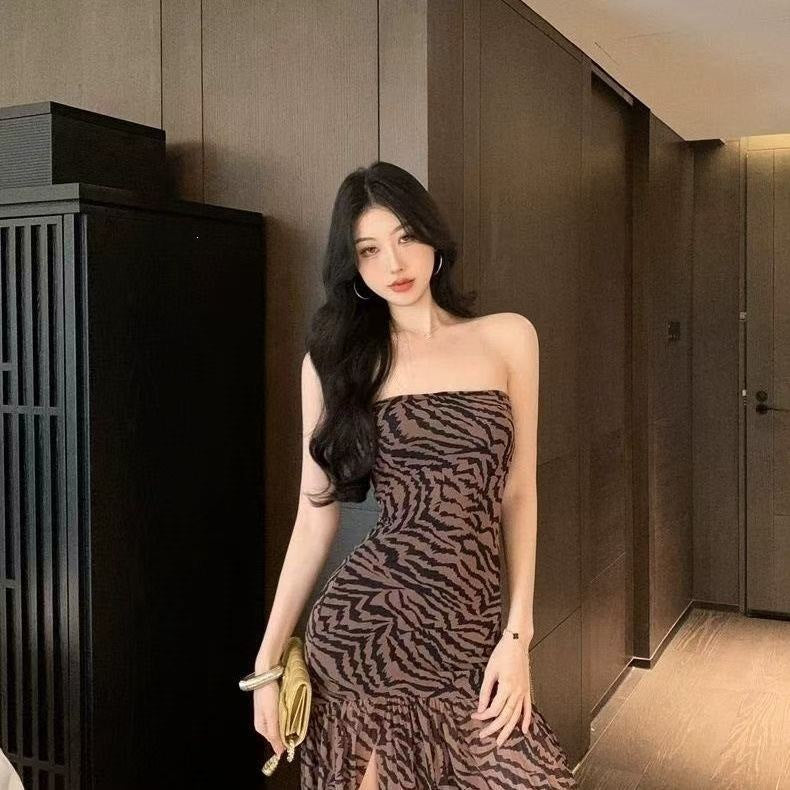 Leopard Tube Top Split Dress Sexy Summer Women Outfit