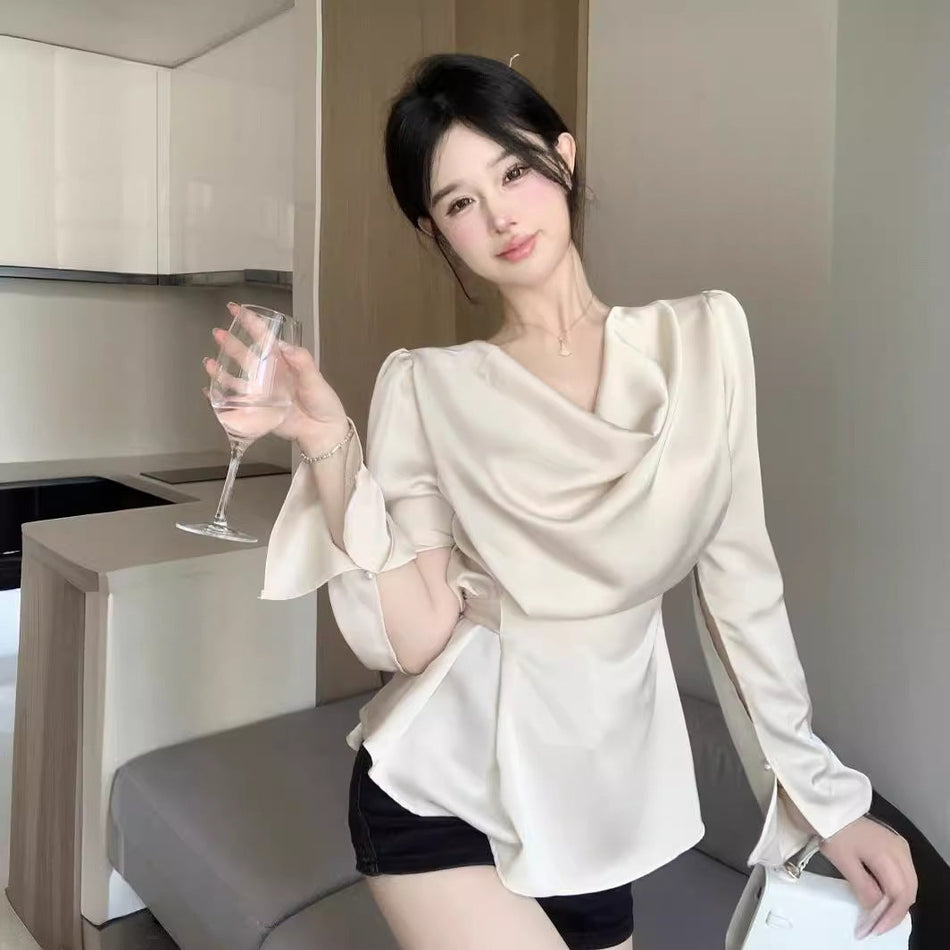 Silk Satin Lace-Up Shirt Elegant Spring Women Top