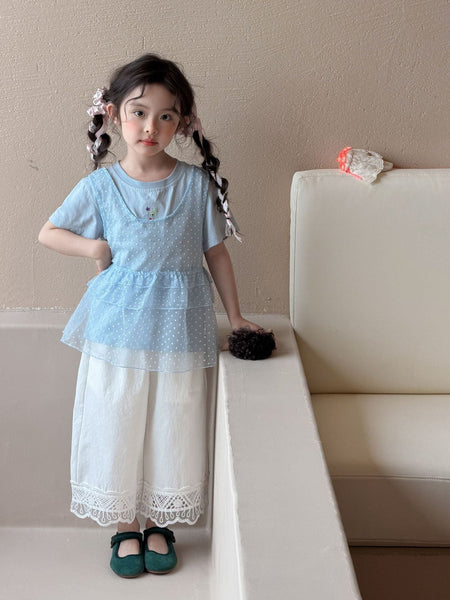 Girls Korean 3-Piece Mesh Vest Summer Suit 2026 – Summer Kids Fashion Nepal | Tudoholic